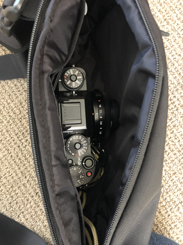 Tomtoc EDC travel sling with a mirrorless camera inside with a pancake lens attached.